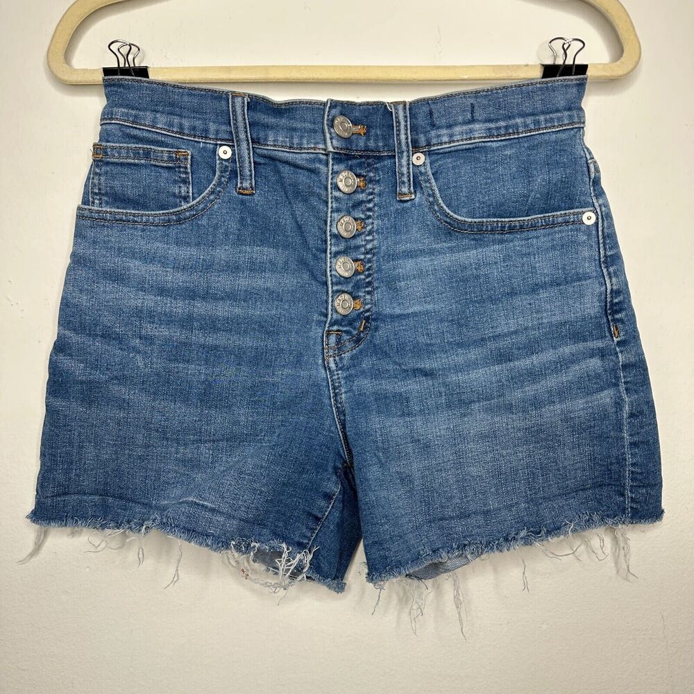 Madewell High Rise Denim Button Fly Shorts Derby Medium Wash Raw Cuffs 26